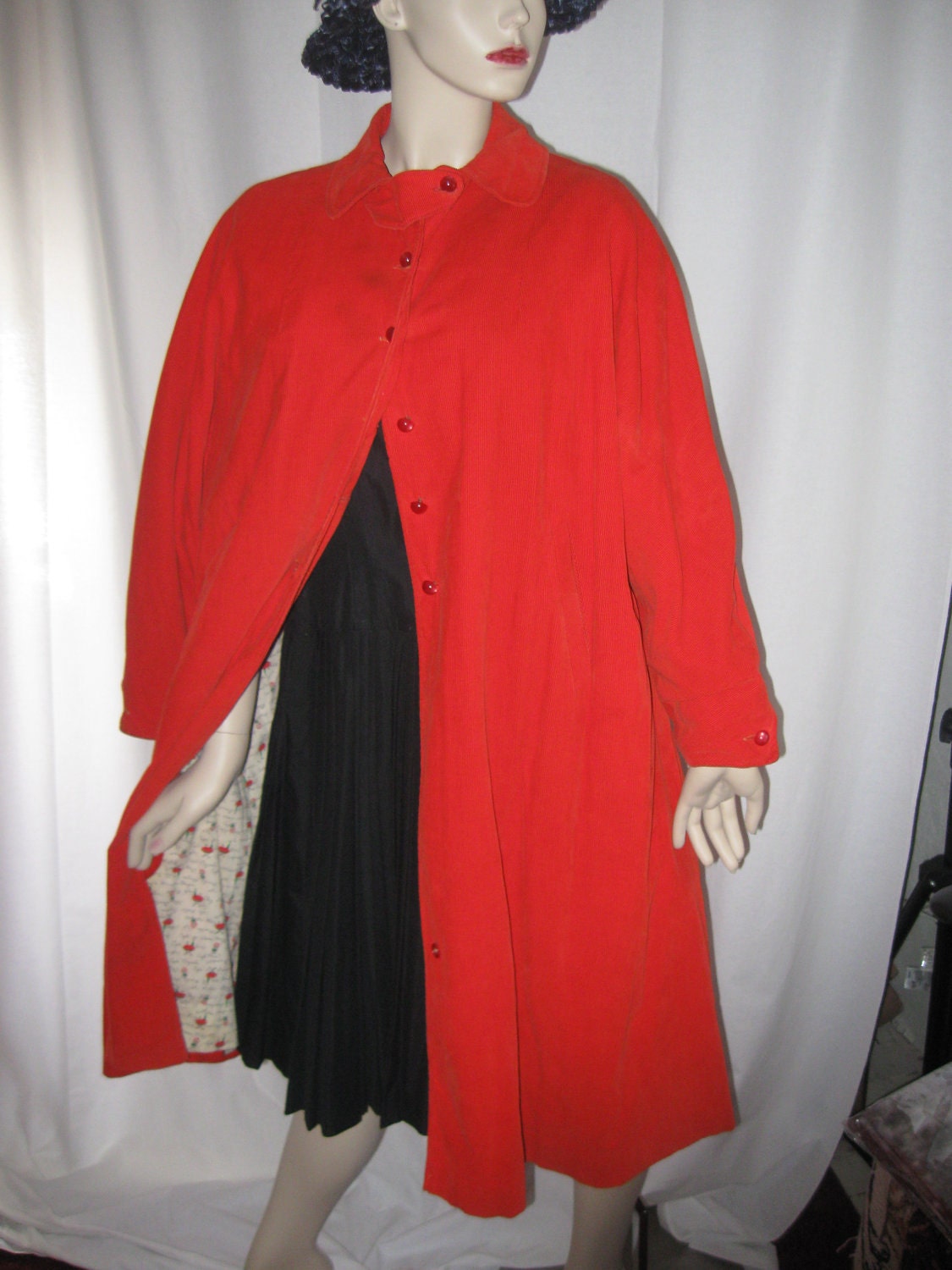 50's Hot Tomato Red Corduroy Swing Coat Plus Size XXL