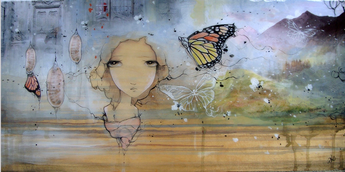 limited edition fine art wall print mounted on wood with resin. Reproduction of original mixed media bird butterfly landscape painting