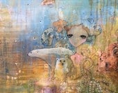 limited edition fine art wall print.  octopus, polar bear, blimp painting.  mounted on wood with resin.