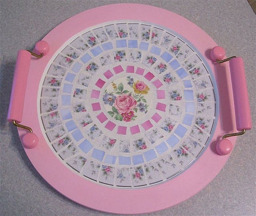 Mosaic Vintage China And Stained Glass Handled Serving Tray/Condiment Holder