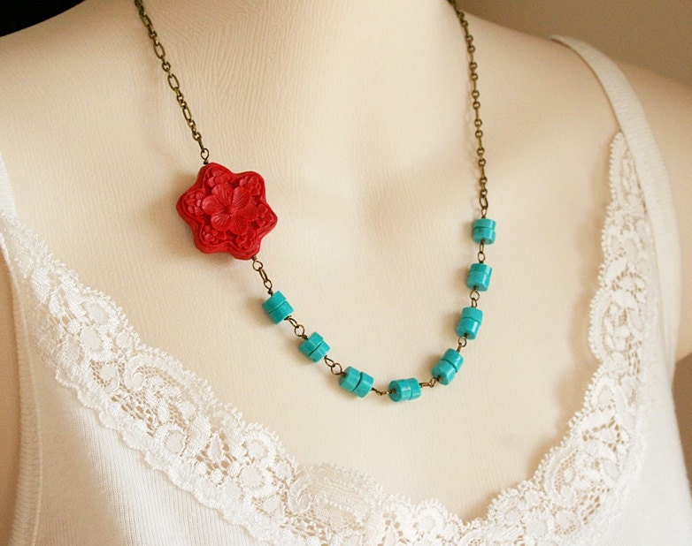 Turquoise and Red Flower Necklace
