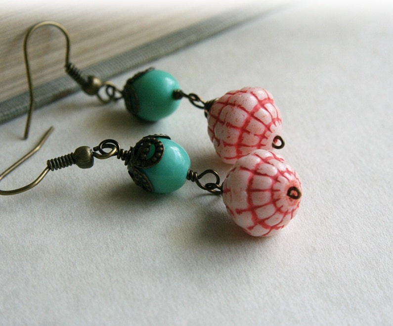 Vintage Red and White Czech Glass Earrings, Aqua Czech Glass, Brass Dangles