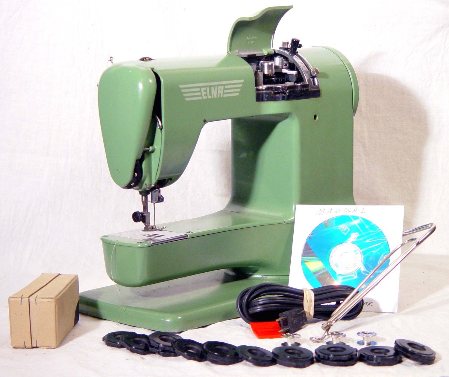 Green Elna Super-Matic Sewing Machine 1956 Perfect Working Order With Cams and Full Instructions