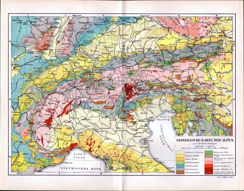Alps Geology Map Vintage 1906 Brilliant Colored Antique European Cartography To Frame