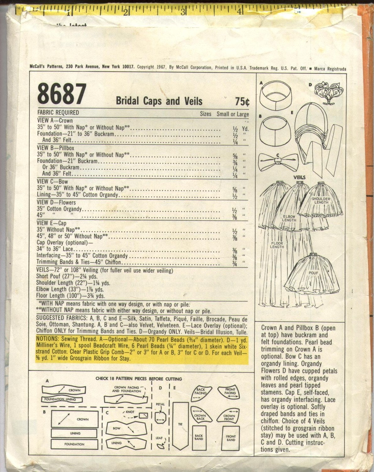 Vintage 1967, McCalls 8687, UNCUT Miss's wedding veils and headpieces