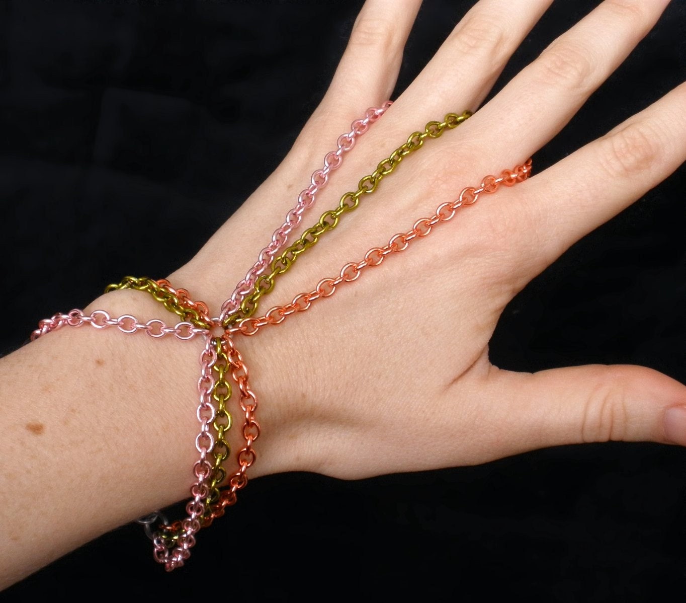 Primavera Chainmail Handflower / Slave Bracelet ( Orange / Pink / Green )