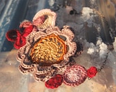 floral big necklace. crochet jewelry handmade by Even Howard, antique copper chain, rose quartz and garnet finish.