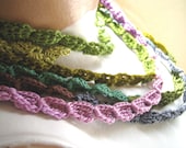 crochet skinny scarf in rainbow gradient by Even Howard. nearly 2 meters of lavender, spruce green, seafoam, celery, and slate blue