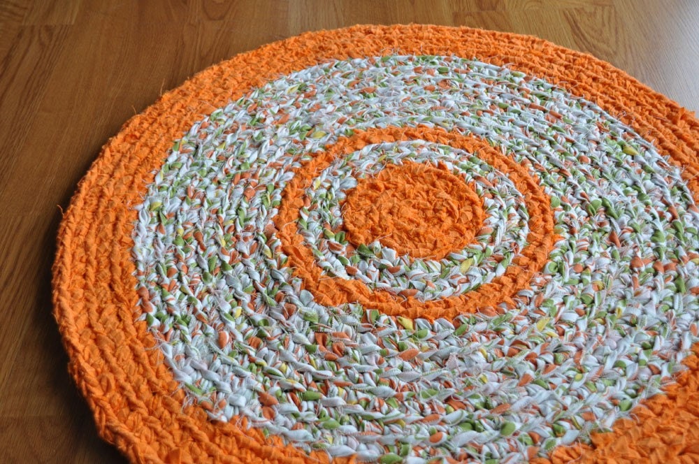 Orange and Avocado Round Crocheted Upcycled Area Rug