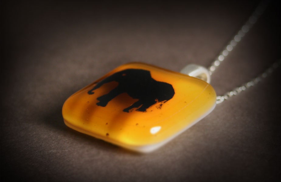 Elephant Necklace in Amber Orange  - No. 5- Simple Animal Pendant made of Fused Glass