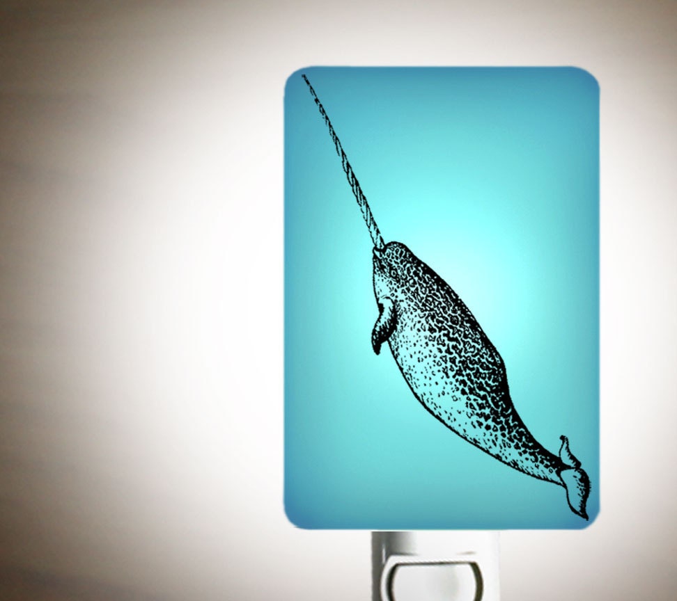 Narwhal Nightlight of Fused Glass in Aqua Blue - Mysterious creature unicorn of the sea by Happy Owl - night light