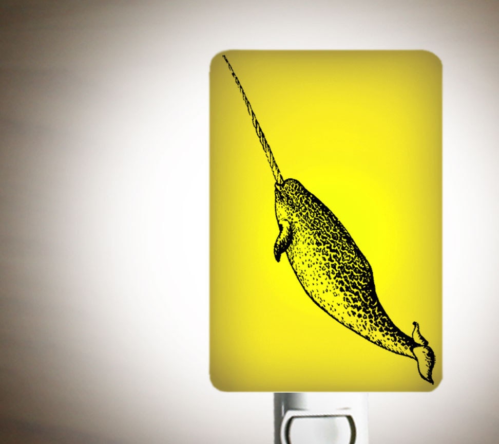 Narwhal Nightlight of Fused Glass in Lemon Yellow - Mysterious creature unicorn of the sea by Happy Owl - night light