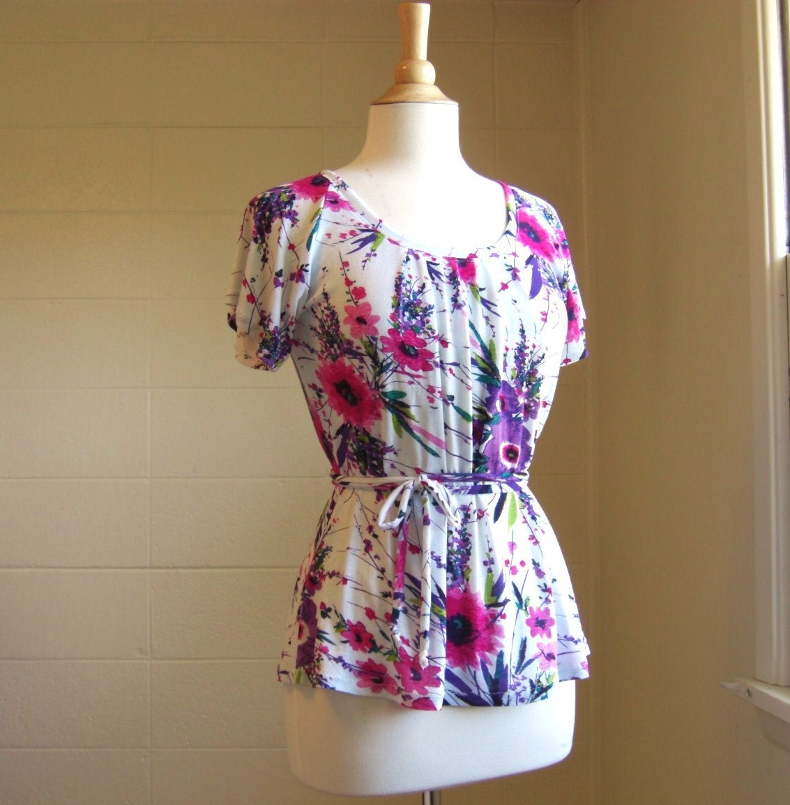 LAST ONE Womens Short Sleeve Shirt Floral Print Flutter Sleeve Blouse with Scoop neck - Made to Order