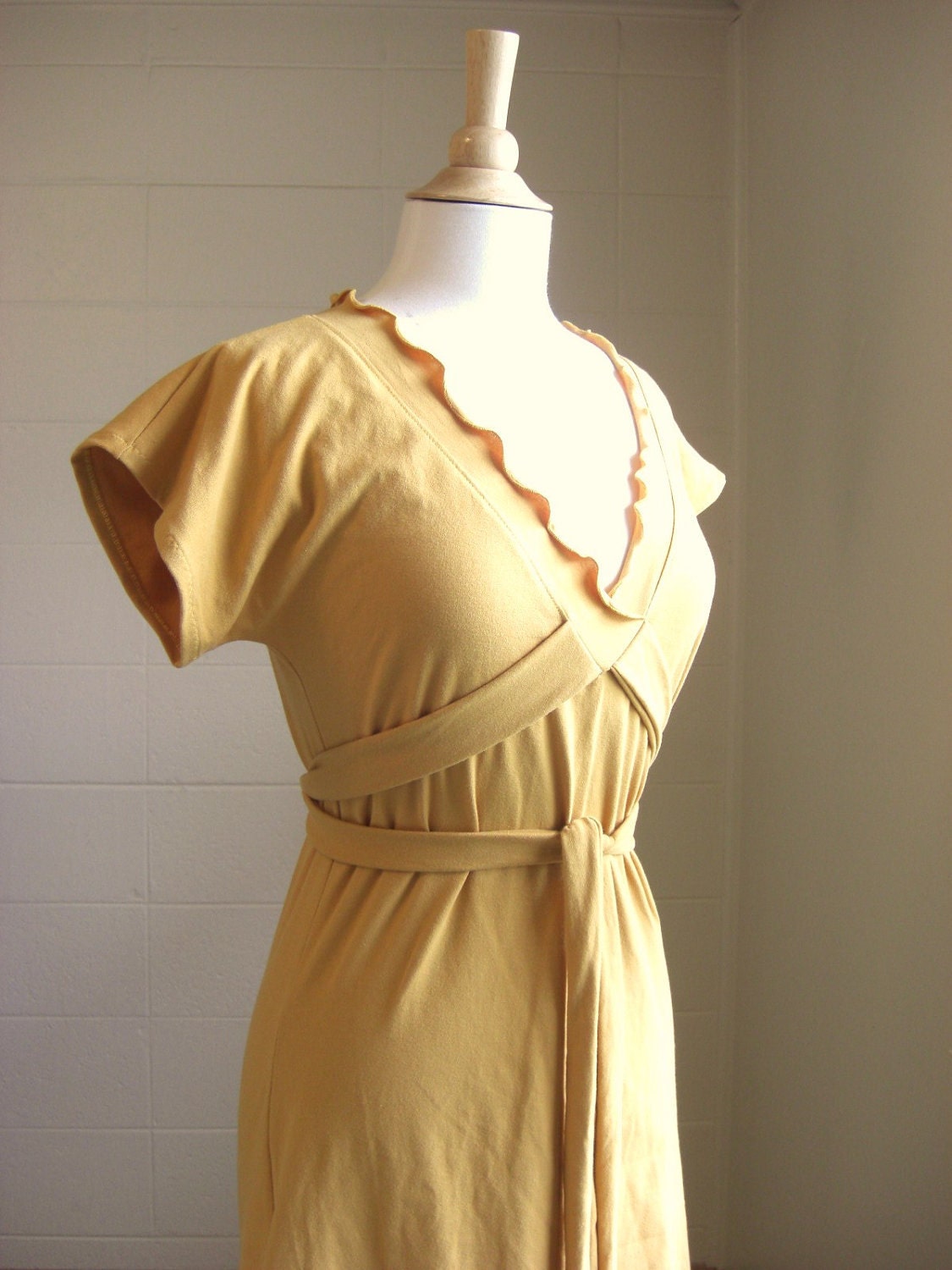 SALE - MEDIUM Womens Short sleeve Vneck Dress Ruffle Wrap - Mustard Yellow