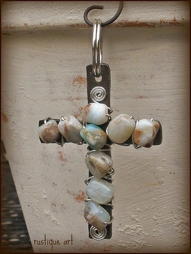 OOAK  // Beaded Cross Key Ring // Blue Peruvian Opal Nuggets