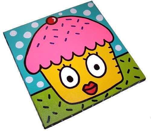 YART Jelene Original Mini Pop Art Painting Cupcake 10 x 10 Canvas
