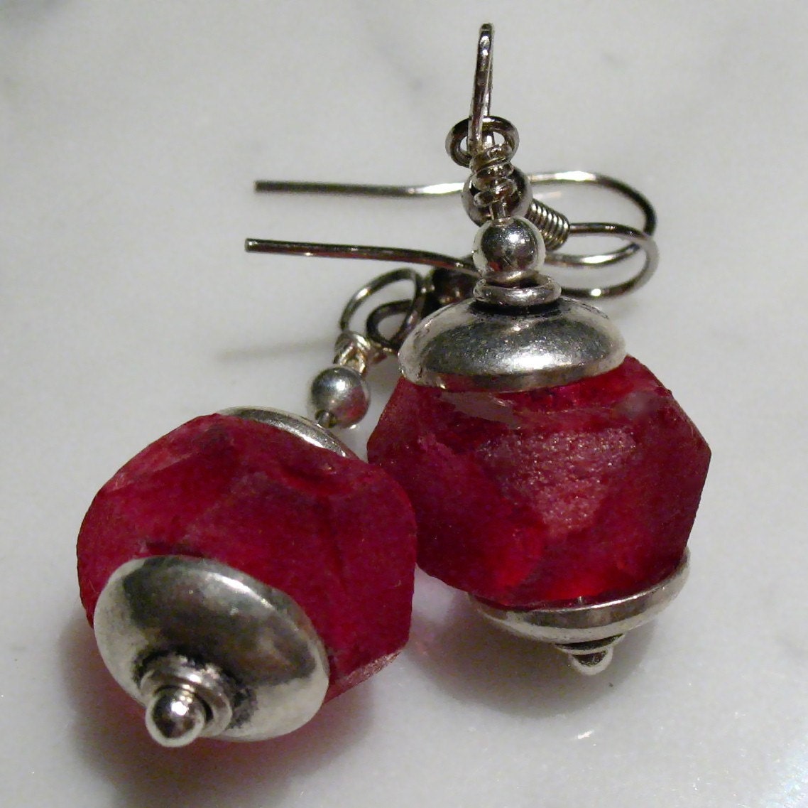 Raspberry Red Glass Sterling Silver Earrings
