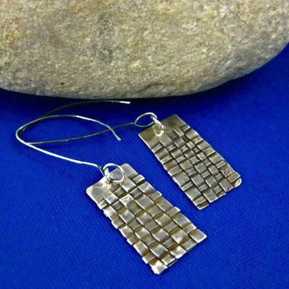 Fine Silver Quilt Woven Basket Weave Precious Metal Earring