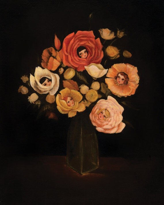 Alice in Wonderland Art from The Black Apple - Still Life with Live Flowers Print 8x10