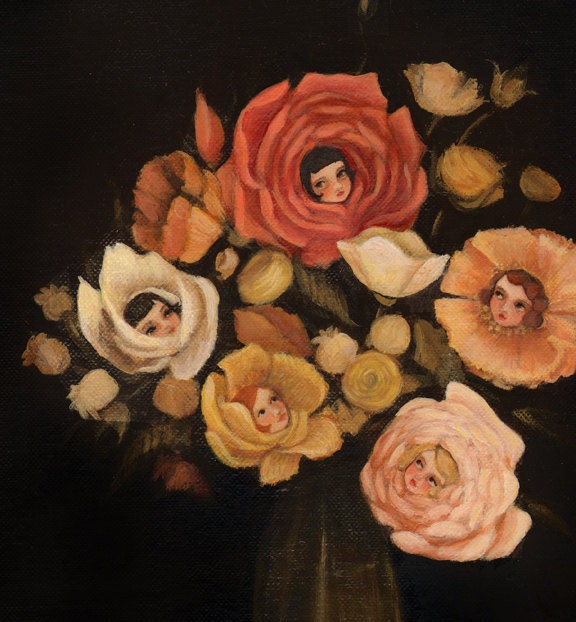 Alice in Wonderland Art from The Black Apple - Still Life with Live Flowers Print 8x10