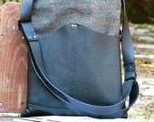 Women's Leather and Wool Convertible Messenger Bag - Nicoletta - Black, Brown Plaid