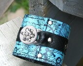 Hey Ladies.... Steampunk Unisex  Leather Wrist Wallet Cuff with Secret Pocket - Timeless Romance - Aqua Size 7.5