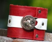 Steampunk Unisex Leather Wrist Wallet Cuff with Secret Pocket for women and men -- White on Red with Silver