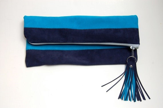 Canopy Stripe Leather Pouch in Navy and Turquoise. SALE
