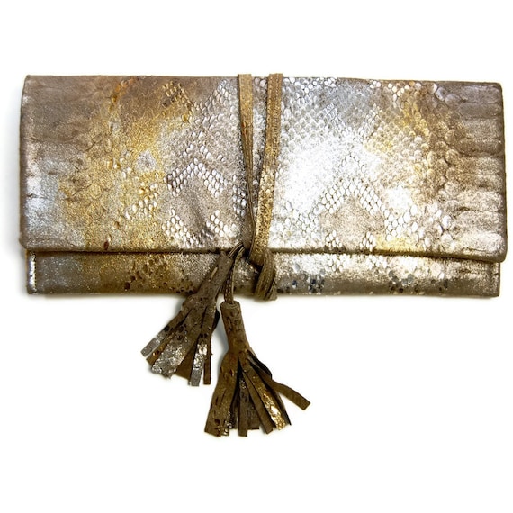 ALEXIS Tassel Clutch in Metallic Gold Bronze Silver Snake Leather. SALE