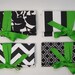 Bridesmaid Clutches in black white print mix with green bows. Custom colors available.
