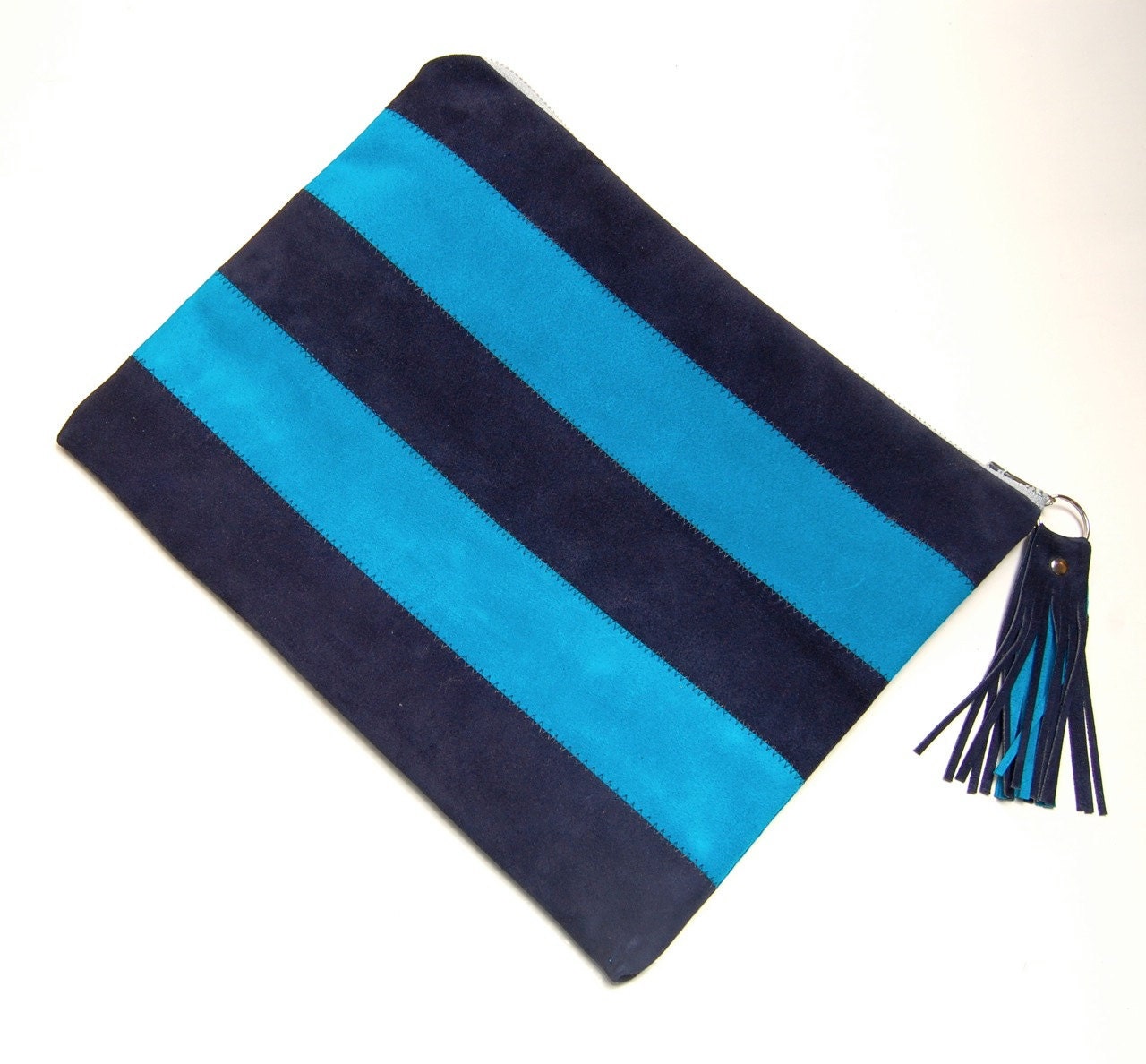 Canopy Stripe Leather Pouch in Navy and Turquoise. SALE