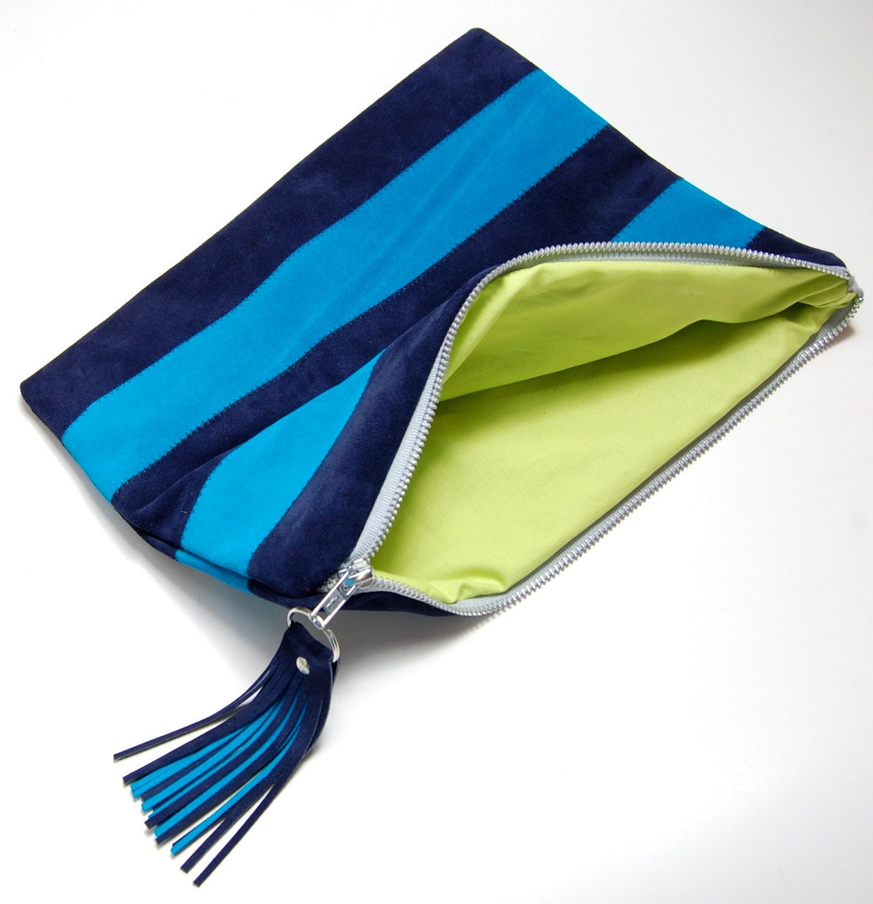 Canopy Stripe Leather Pouch in Navy and Turquoise. SALE