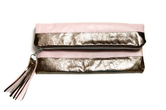 Canopy Stripe Leather Pouch in Pink and Metallic Silver. SALE
