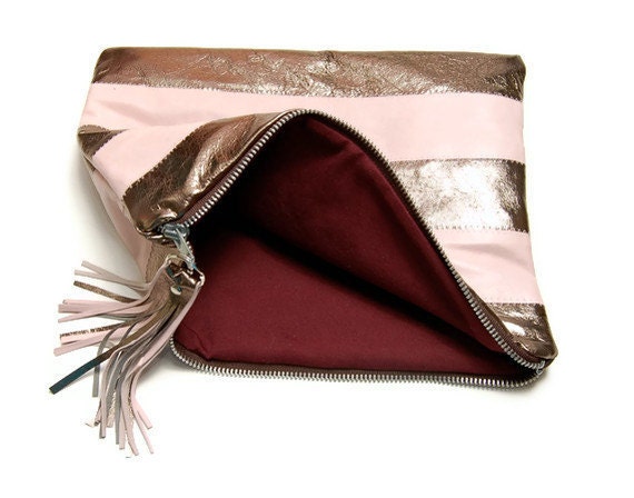 Canopy Stripe Leather Pouch in Pink and Metallic Silver. SALE