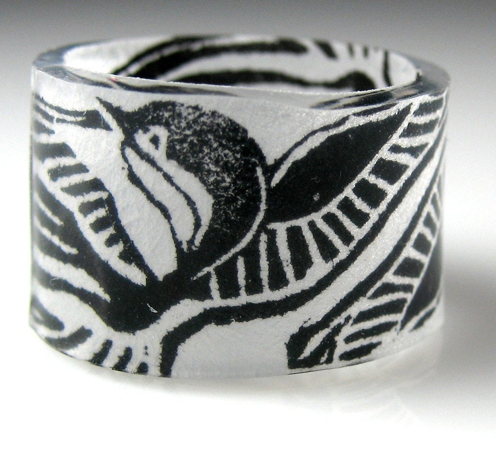 Japanese Bird Print Ring, Handmade custom plastic ring