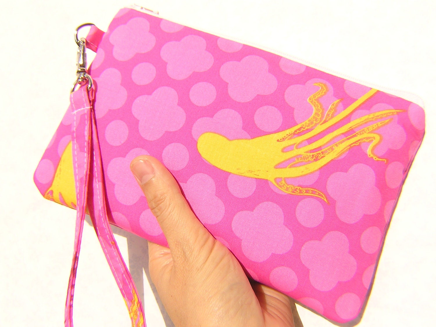 GIFT POUCH, handmade, 2 pockets, bridesmaids, flower girls, beach wedding, iphone  - Octopus fuchsia