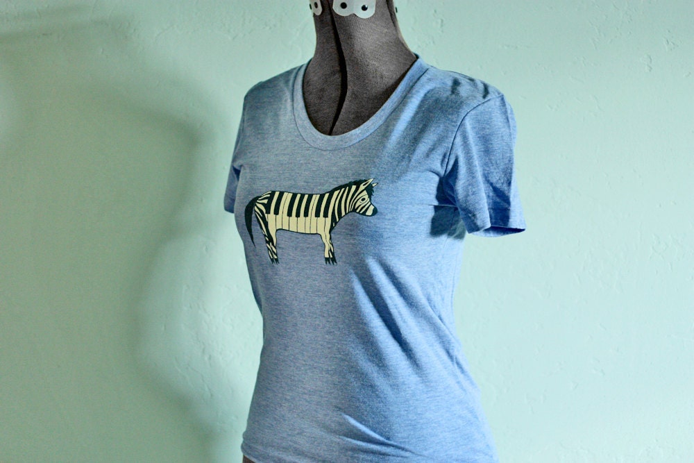 ZEBRA PIANO t-shirt (vintage blue) by boygirlparty, unique animal / music tshirt, many sizes - men women shirt