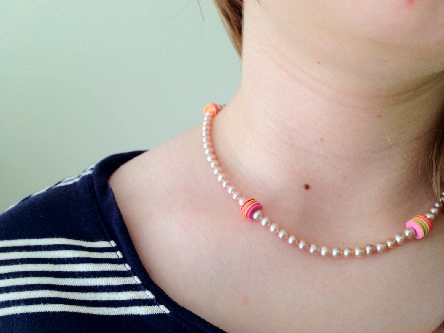 Pale Pink Pearl and Neon Pailette/Sequin necklace