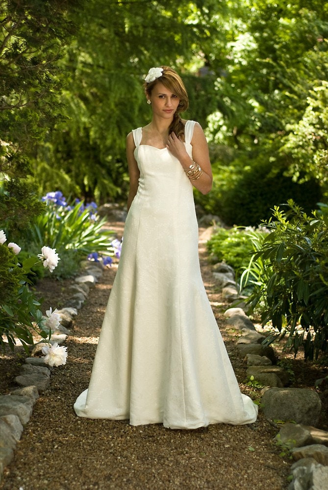 Hailey - Eco Friendly Sweetheart Fit and Flare Long Wedding Dress with Train and Chiffon Straps - Off White Ivory Hemp Silk Floral