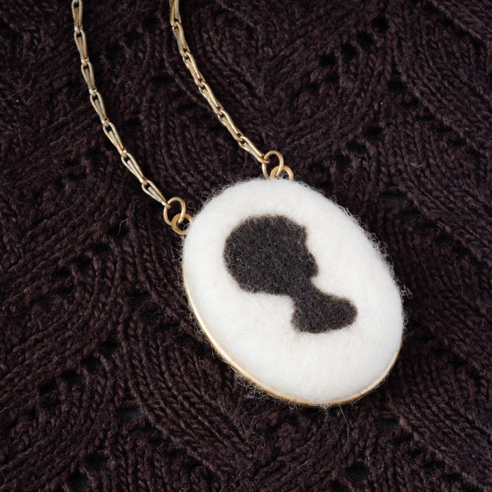 Needle Felted Afro Silhouette Cameo - Oval Pendant Necklace - Modern Victorian African Woman
