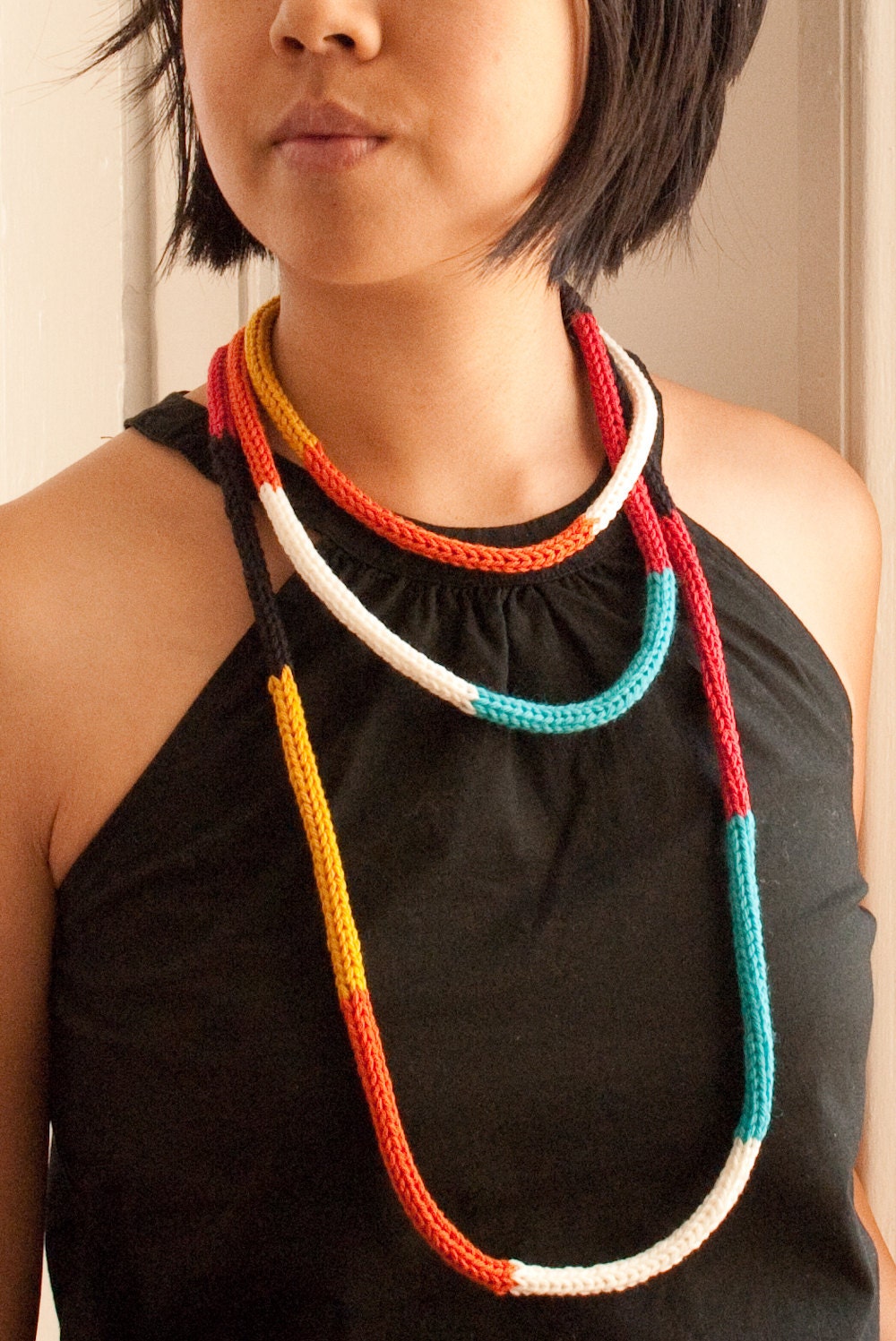 Knit color block cord necklace - long loop - bold modern