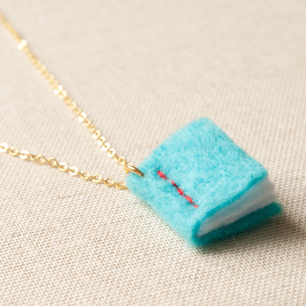 Book Necklace - Turquoise Blue - Stitched Eco Felt - Vegan - Pendant