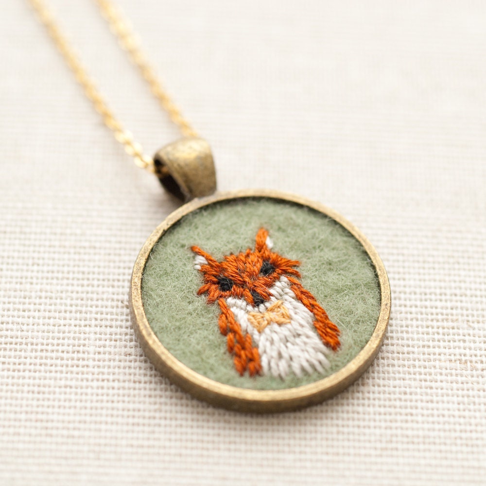 Embroidered Fox Felt Necklace with Bow Tie