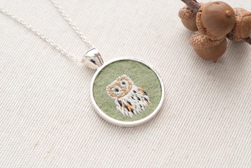 Barn Owl Embroidered Felt Necklace