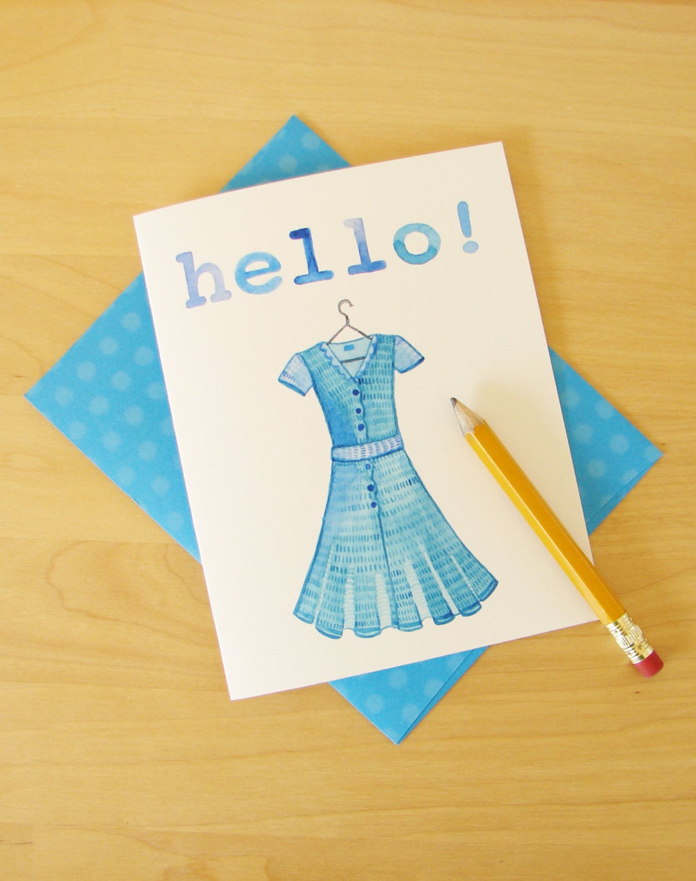 Hello card - watercolor painting blue dress
