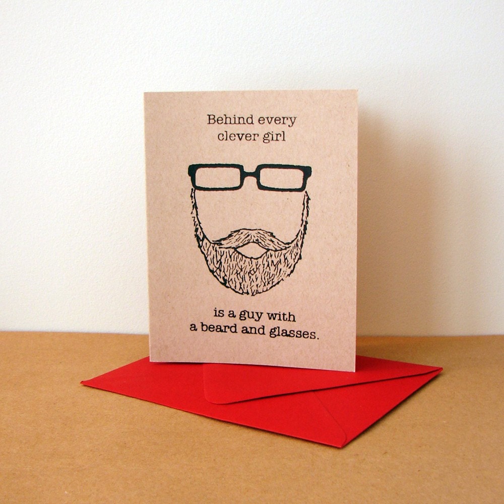 Behind Every Clever Girl is a Guy with a Beard and Glasses card (valentine red)