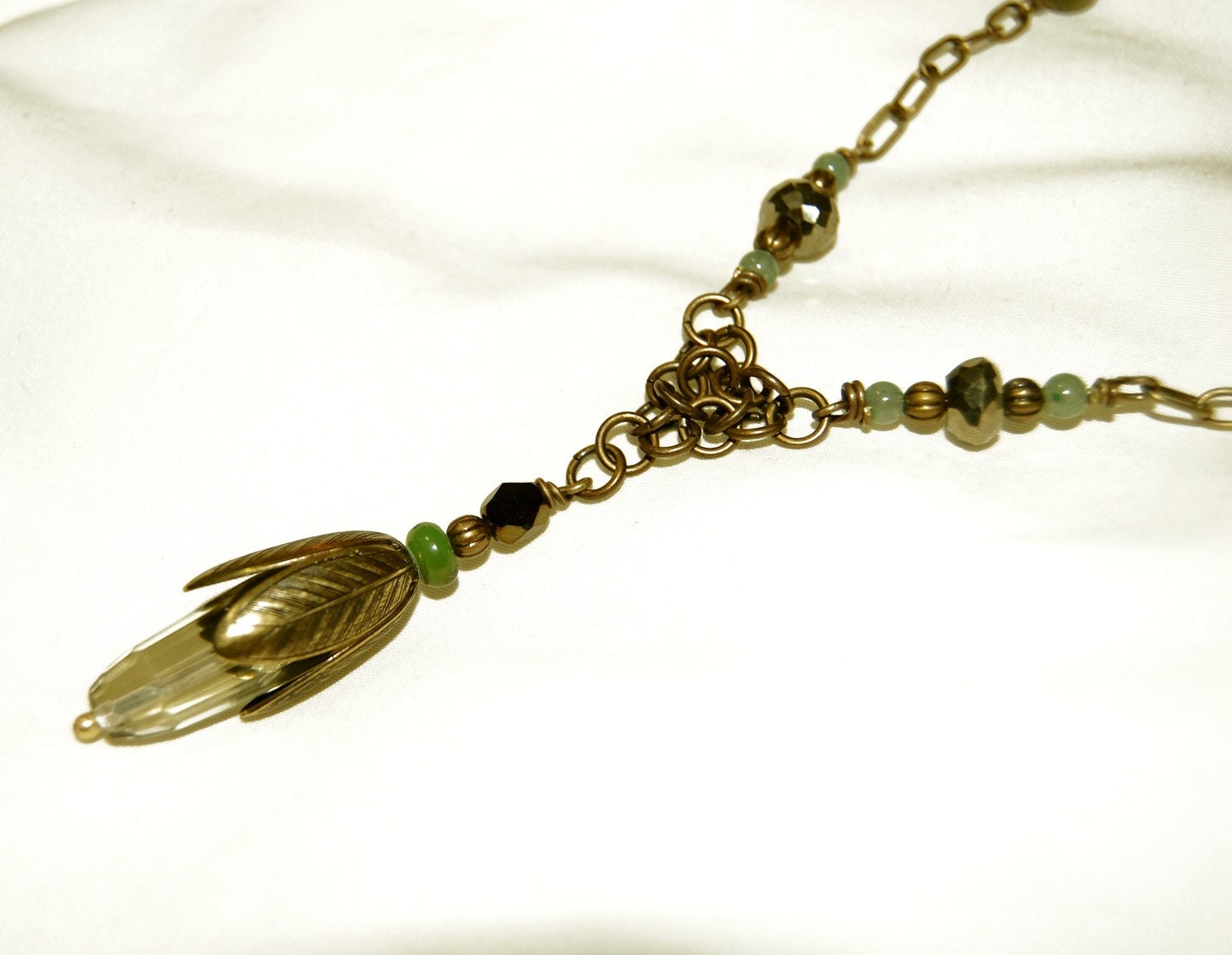 Brass Vintage Necklace - Unakite, Pyrite, Variscite, Aventurine, Lemon Quartz