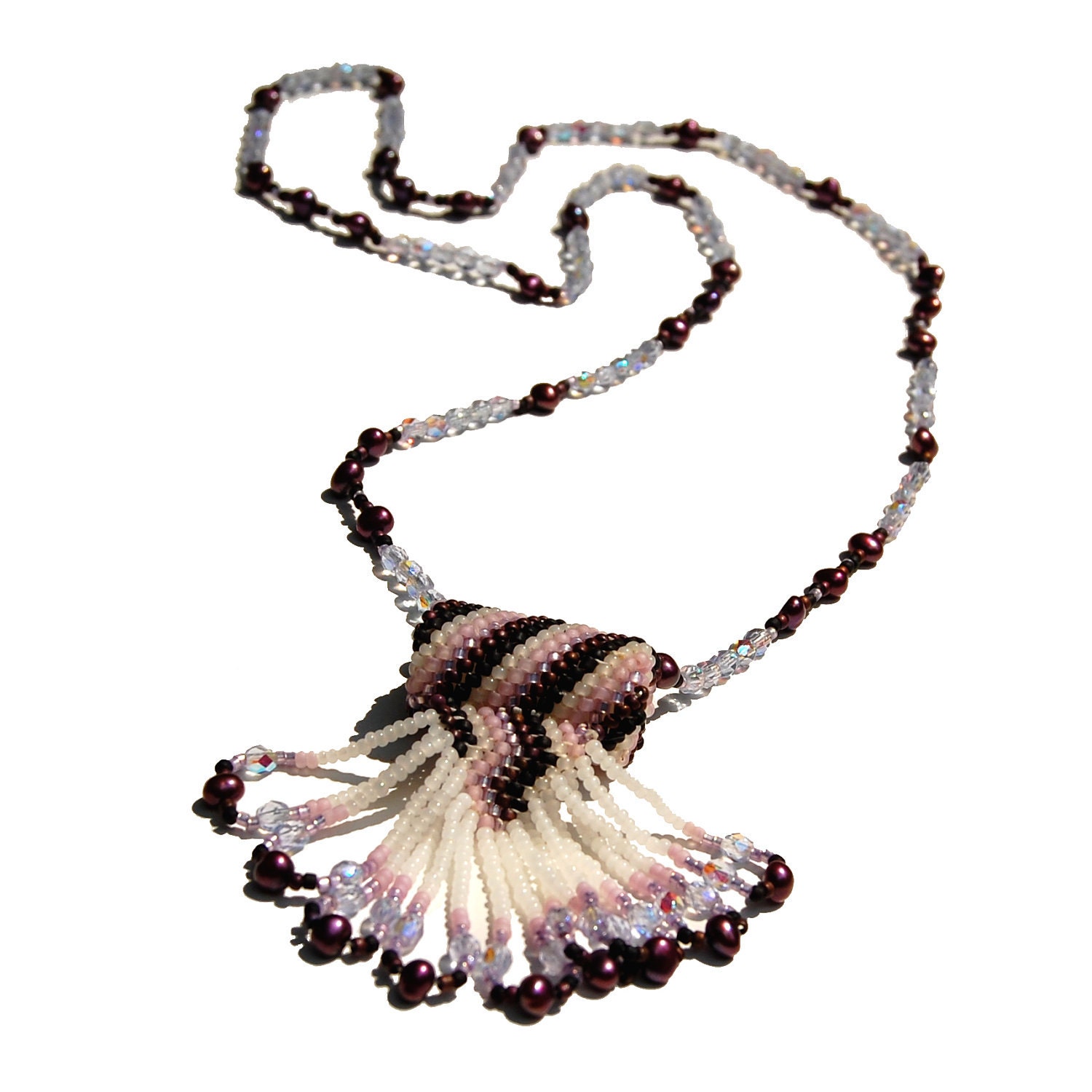 Lavender Striped Beadwoven Necklace with Wine Pearls