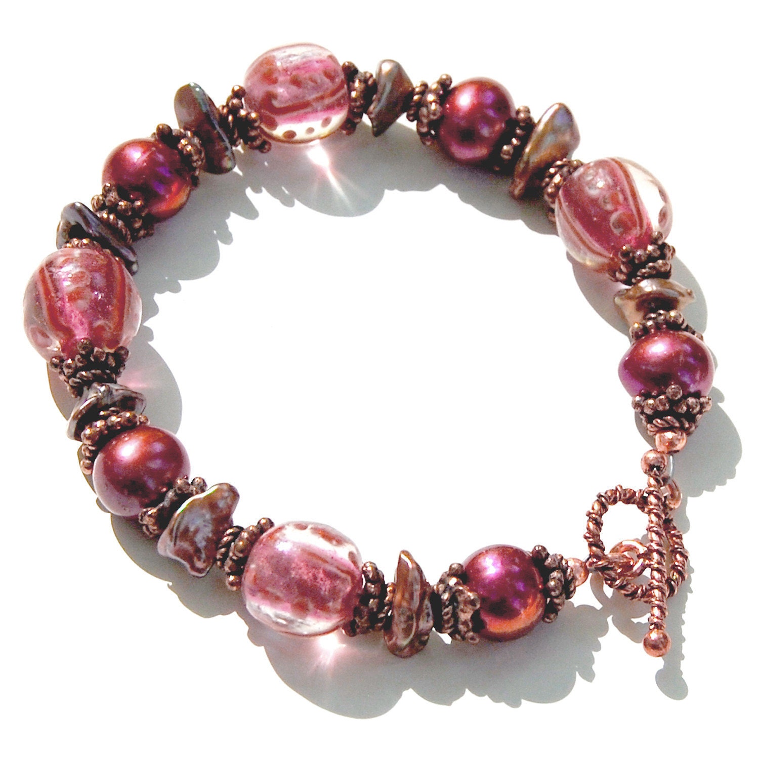 Champagne and Berry Freshwater Pearl and Lampwork Bracelet (Afterglow of Pink Zinfindel and Merlot)