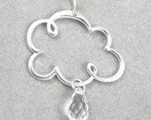 Rainy Day Rain Clouds Sterling Silver Charm Necklace Crystal Drop, 18 in.
